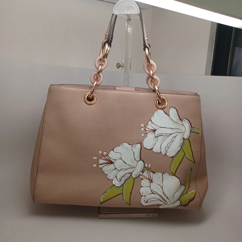 Michael Kors Cynthia Tote Neutral Tan Saffiano Leather Hand Painted Floral Bag